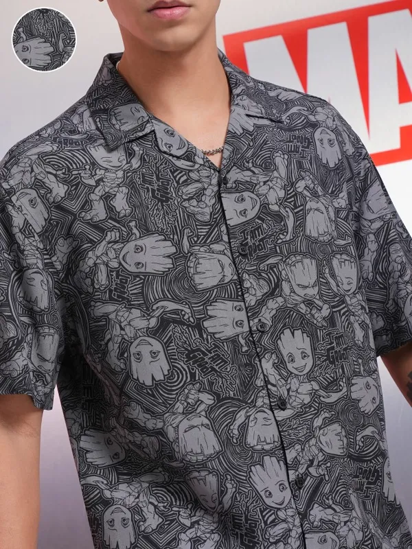 Marvel By Highlander Men Black Groot Printed Relaxed Fit Casual Shirt