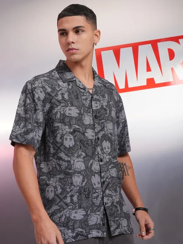 Marvel By Highlander Men Black Groot Printed Relaxed Fit Casual Shirt