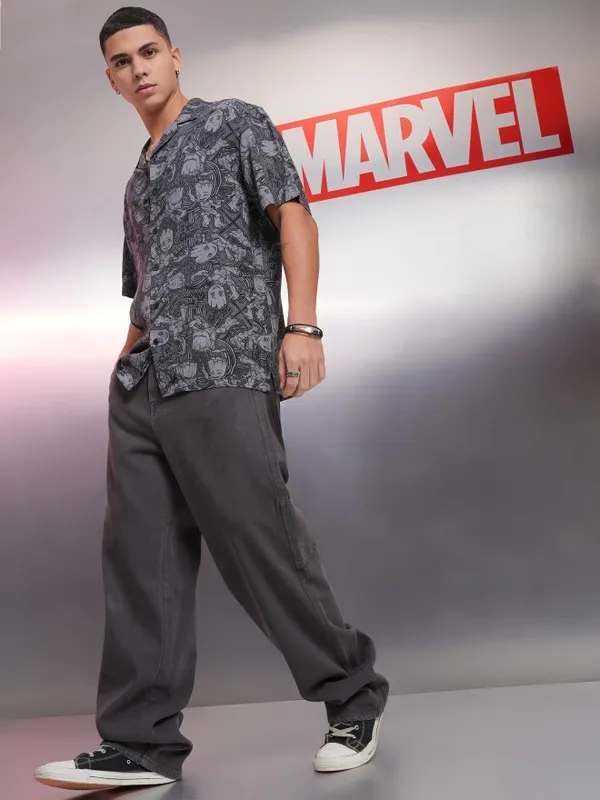 Marvel By Highlander Black Groot Printed Relaxed Fit Casual Shirt