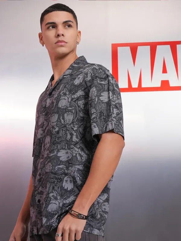 Marvel By Highlander Black Groot Printed Relaxed Fit Casual Shirt