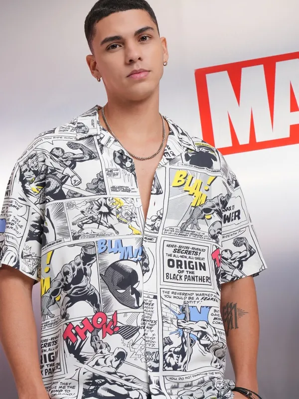 Marvel By Highlander Men White Black Panther Printed Relaxed Fit Casual Shirt