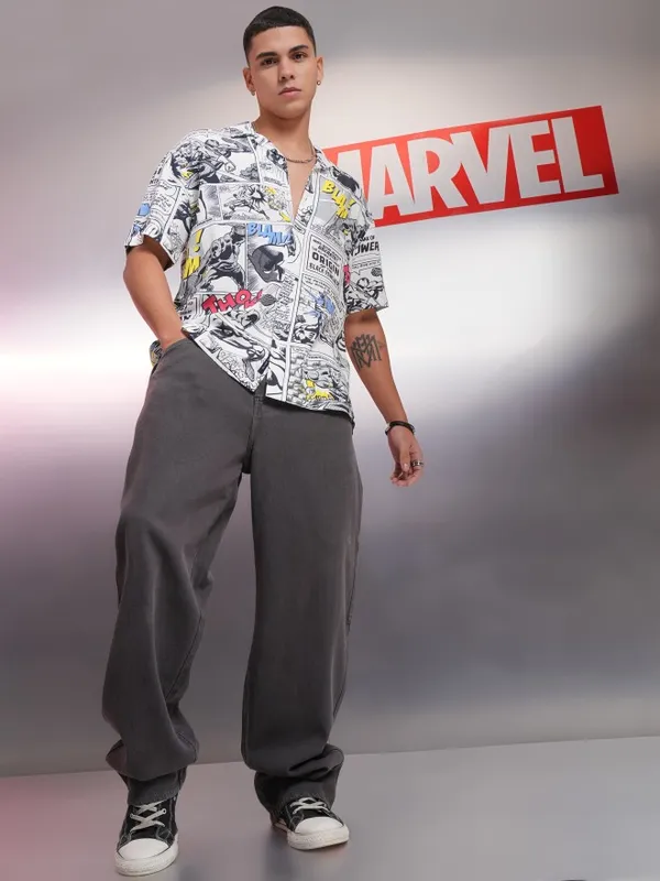 Marvel By Highlander Men White Black Panther Printed Relaxed Fit Casual Shirt