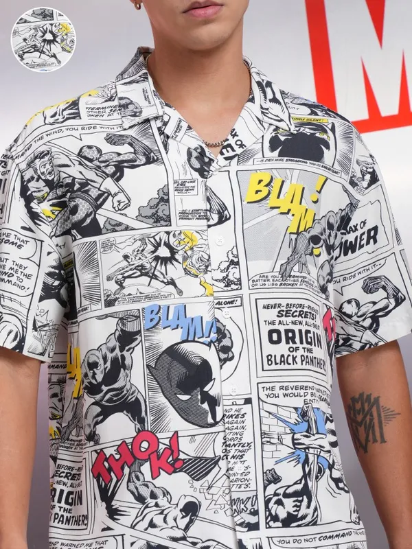 Marvel By Highlander Men White Black Panther Printed Relaxed Fit Casual Shirt