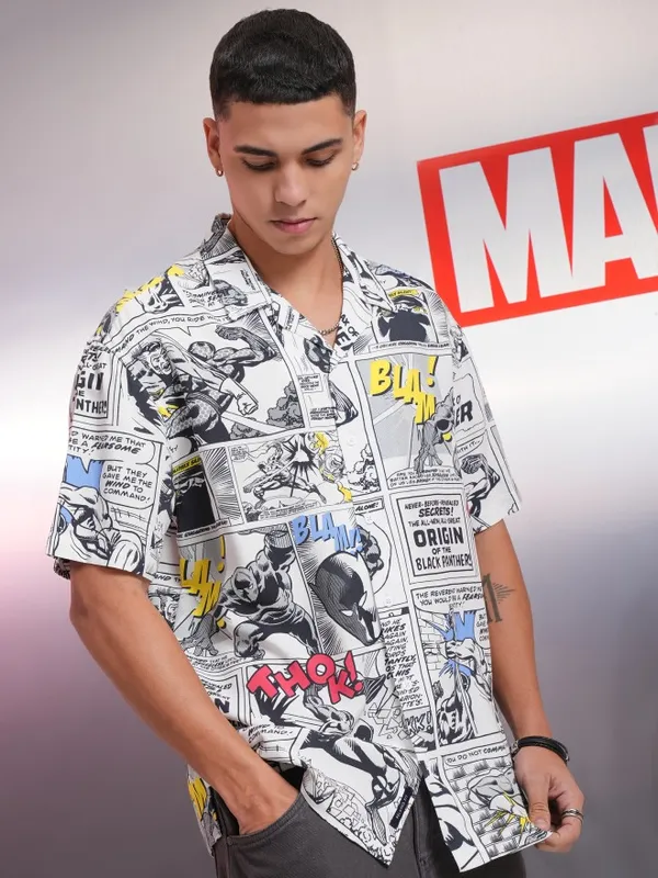 Marvel By Highlander Men White Black Panther Printed Relaxed Fit Casual Shirt