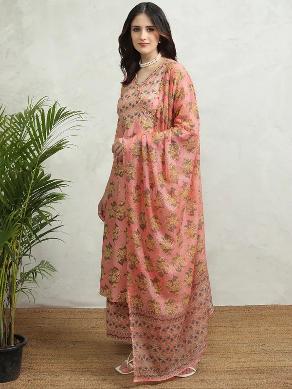 Vishudh Women Coral Printed Kurta With Palazzos And Dupatta