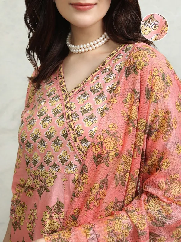 Vishudh Women Coral Printed Kurta With Palazzos And Dupatta