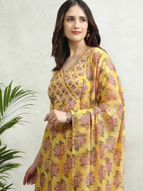 Vishudh Women Mustard Printed Kurta With Palazzos And Dupatta