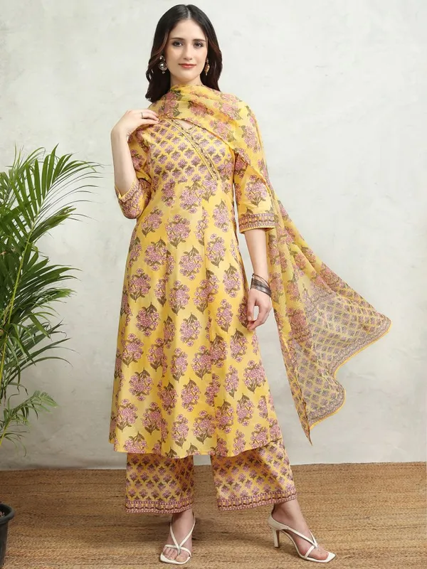 Vishudh Women Mustard Printed Kurta With Palazzos And Dupatta