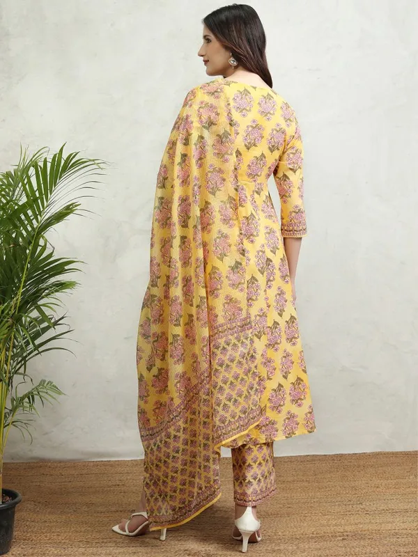 Vishudh Women Mustard Printed Kurta With Palazzos And Dupatta