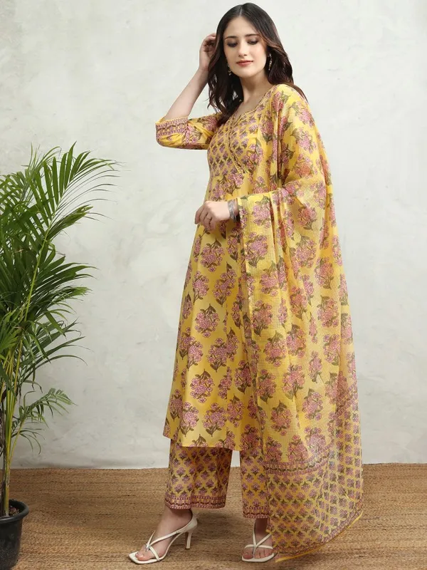 Vishudh Women Mustard Printed Kurta With Palazzos And Dupatta