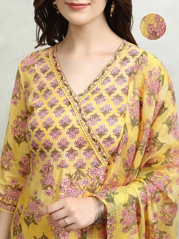 Vishudh Women Mustard Printed Kurta With Palazzos And Dupatta