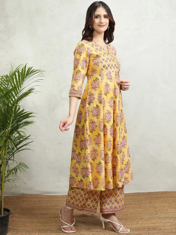 Vishudh Women Mustard Printed Kurta With Palazzos And Dupatta