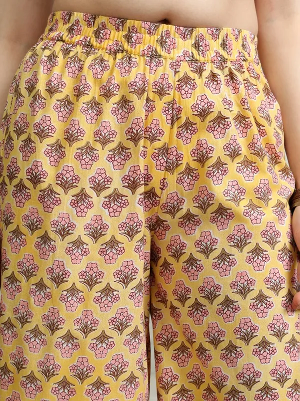 Vishudh Women Mustard Printed Kurta With Palazzos And Dupatta