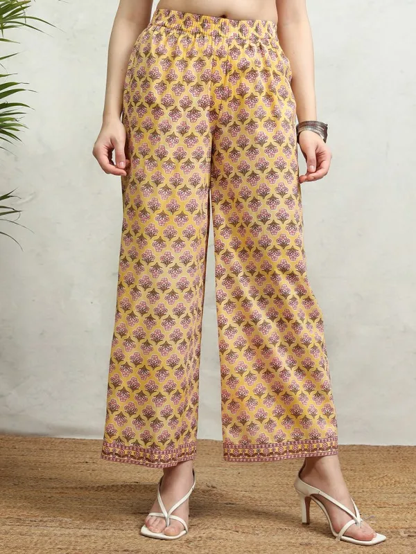 Vishudh Women Mustard Printed Kurta With Palazzos And Dupatta