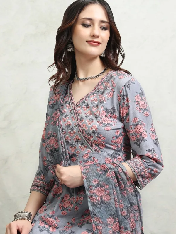 Vishudh Women Grey Printed Kurta With Palazzos And Dupatta