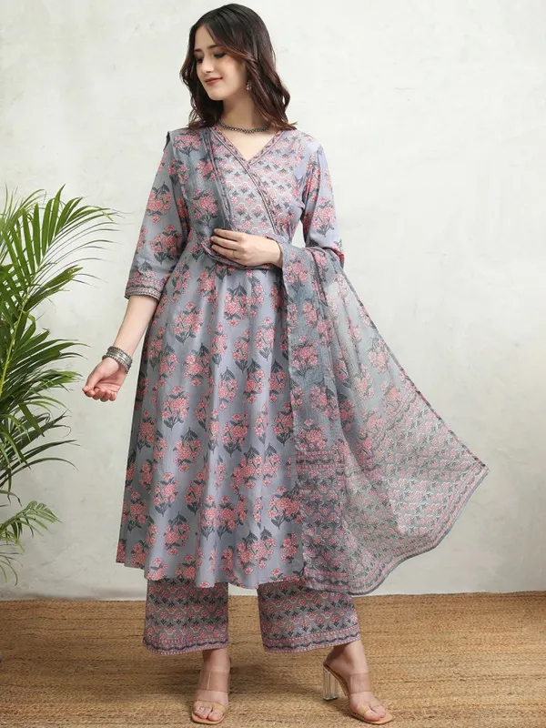 Vishudh Women Grey Printed Kurta With Palazzos And Dupatta