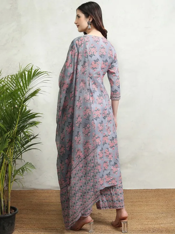 Vishudh Women Grey Printed Kurta With Palazzos And Dupatta