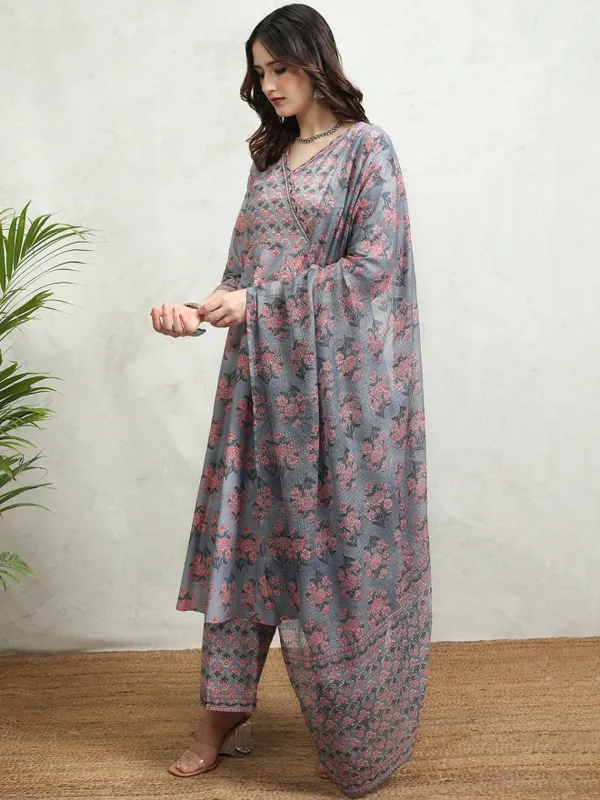 Vishudh Women Grey Printed Kurta With Palazzos And Dupatta