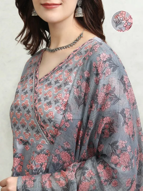 Vishudh Women Grey Printed Kurta With Palazzos And Dupatta