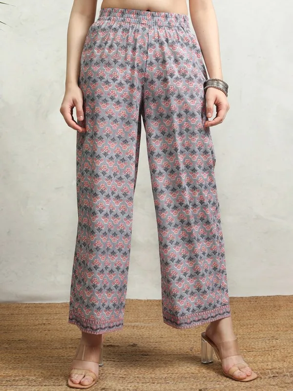 Vishudh Women Grey Printed Kurta With Palazzos And Dupatta