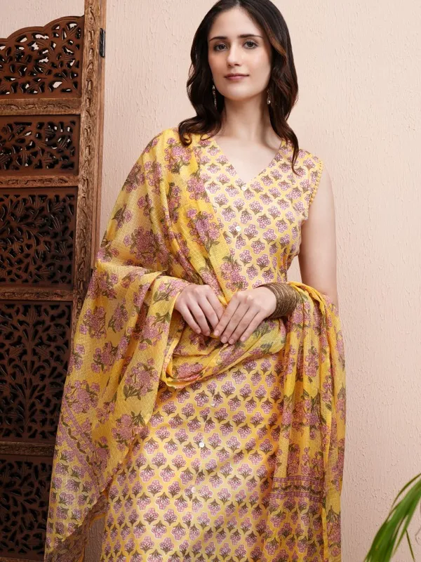 Vishudh Women Yellow Printed Kurta With Trousers And Dupatta