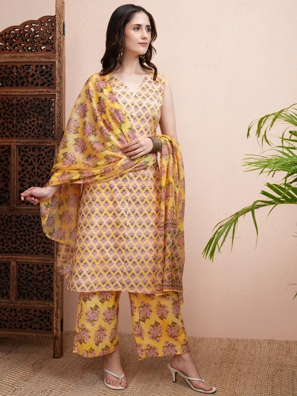 Vishudh Women Yellow Printed Kurta With Trousers And Dupatta