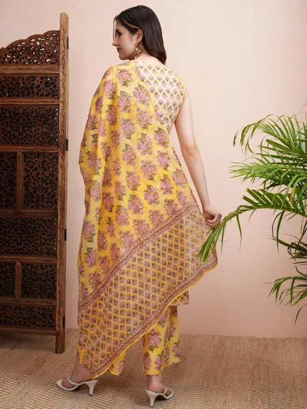 Vishudh Women Yellow Printed Kurta With Trousers And Dupatta