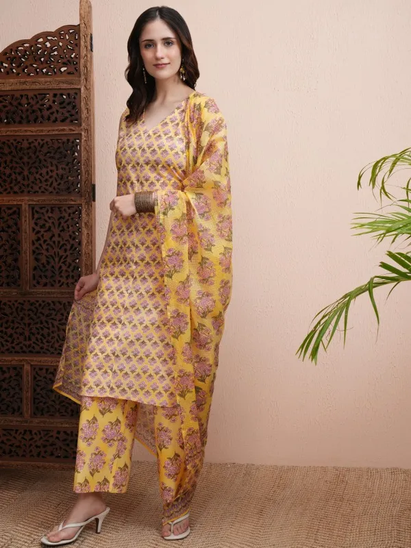 Vishudh Women Yellow Printed Kurta With Trousers And Dupatta