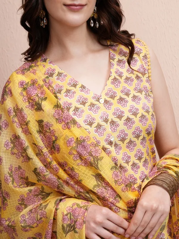 Vishudh Women Yellow Printed Kurta With Trousers And Dupatta