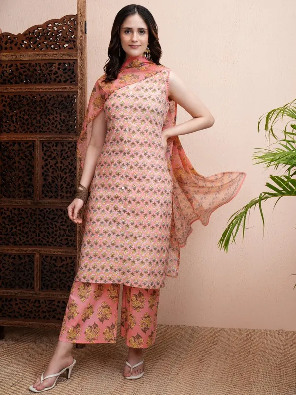 Vishudh Women Peach Printed Kurta With Trousers And Dupatta