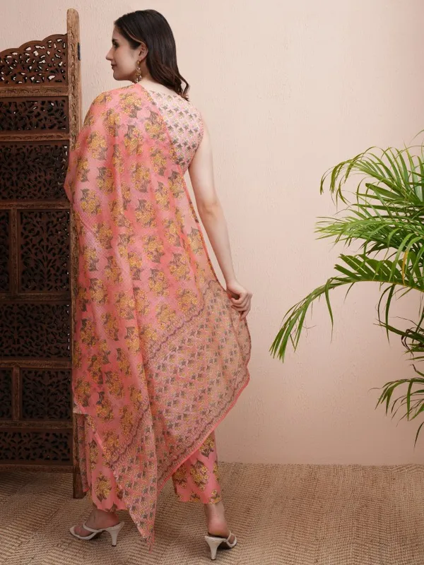 Vishudh Women Peach Printed Kurta With Trousers And Dupatta