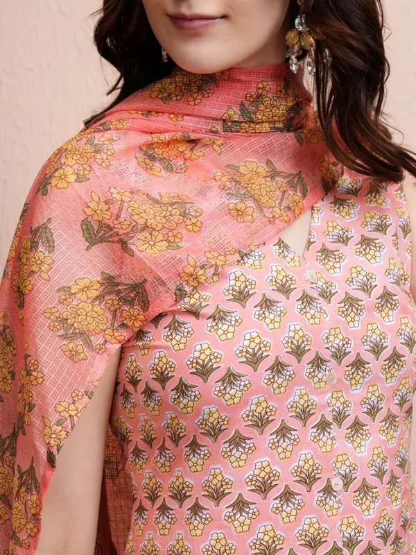 Vishudh Women Peach Printed Kurta With Trousers And Dupatta