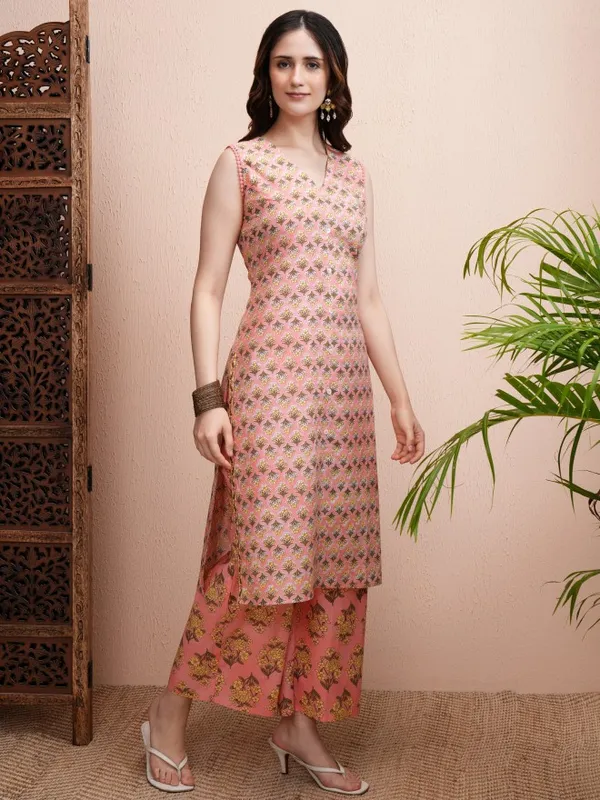 Vishudh Women Peach Printed Kurta With Trousers And Dupatta