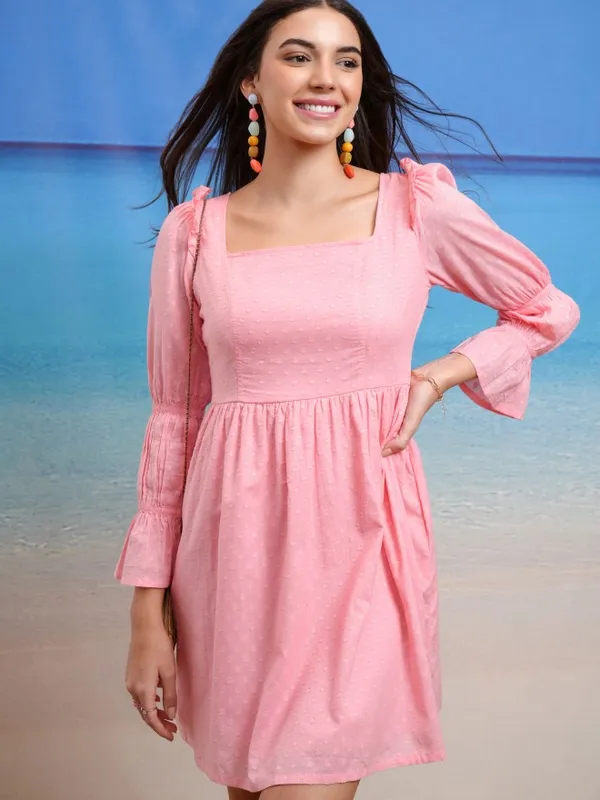 Tokyo Talkies Women Pink Self Design Fit And Flare Dress