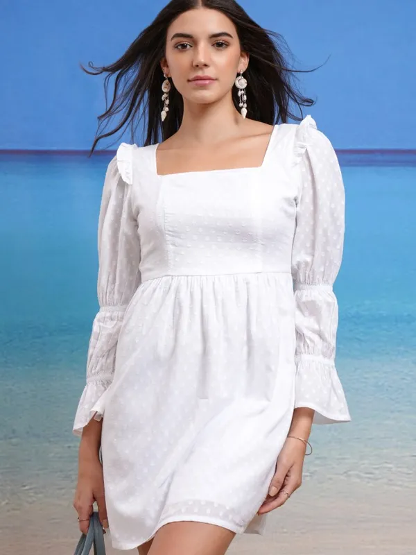 Tokyo Talkies Women White Self Design Fit And Flare Dress