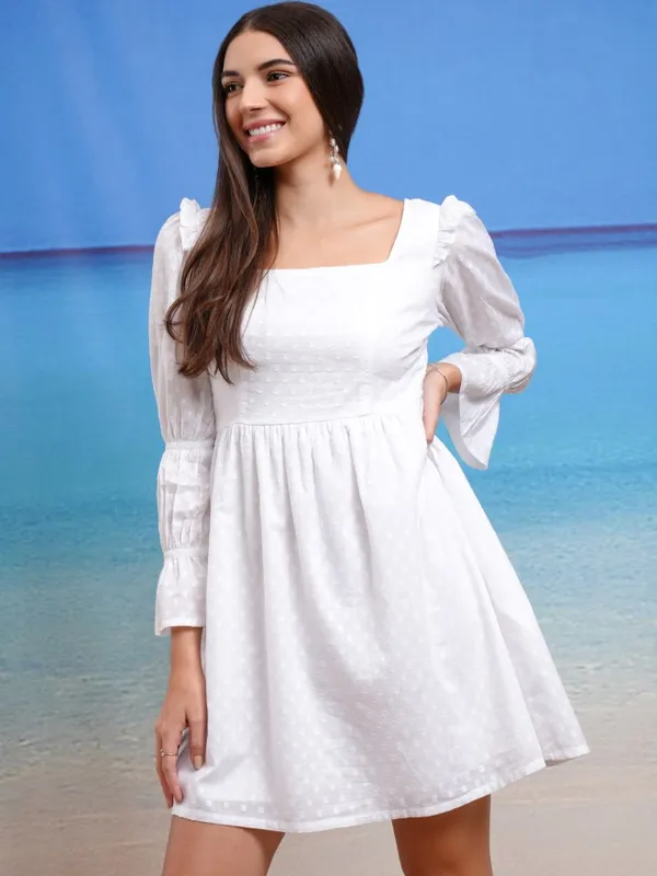 Tokyo Talkies Women White Self Design Fit And Flare Dress
