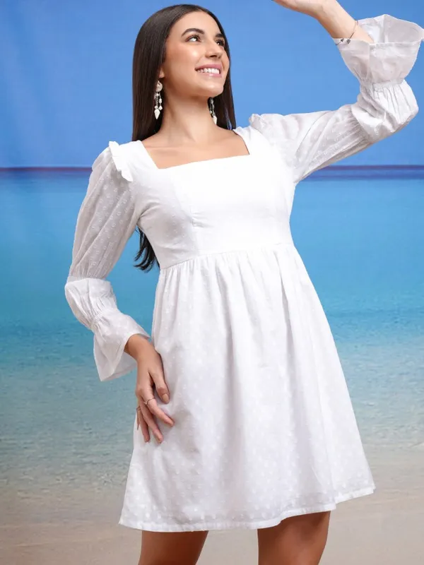 Tokyo Talkies Women White Self Design Fit And Flare Dress