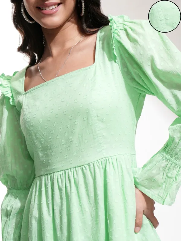 Tokyo Talkies Women Green Self Design A-Line Dress