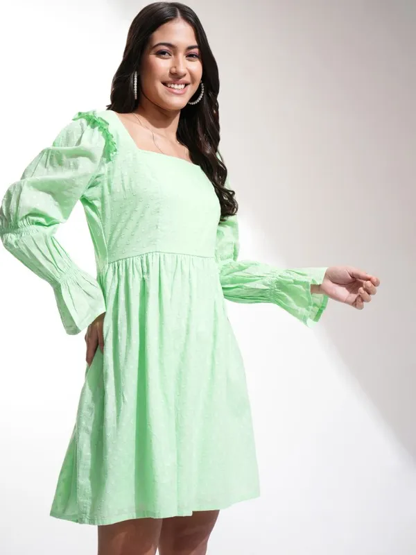 Tokyo Talkies Women Green Self Design A-Line Dress