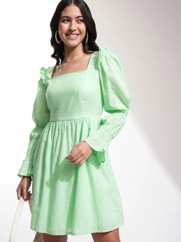 Tokyo Talkies Women Green Self Design A-Line Dress