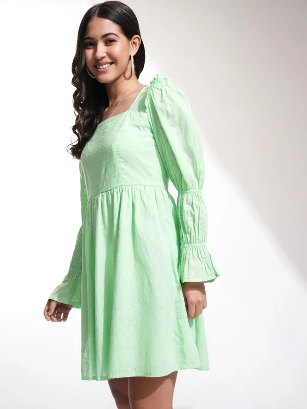 Tokyo Talkies Women Green Self Design A-Line Dress