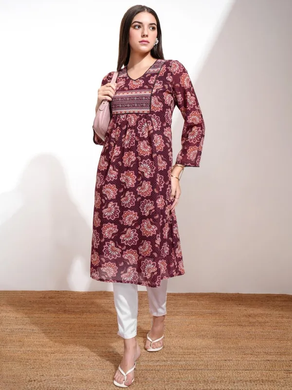 Vishudh Women Maroon Printed A-Line Kurta