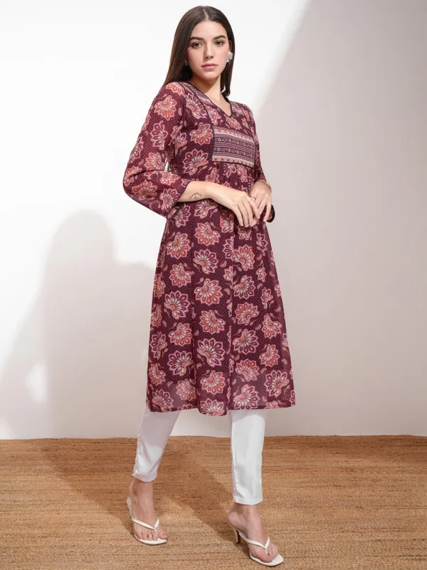 Vishudh Women Maroon Printed A-Line Kurta