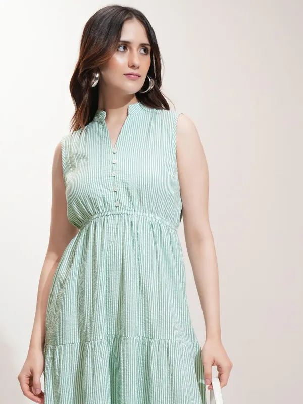 Tokyo Talkies Women Green Striped Fit And Flare Dress