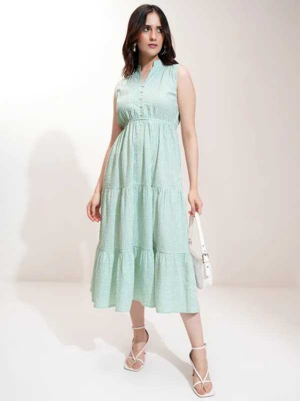 Tokyo Talkies Women Green Striped Fit And Flare Dress