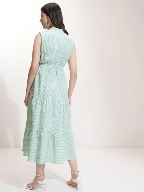 Tokyo Talkies Women Green Striped Fit And Flare Dress