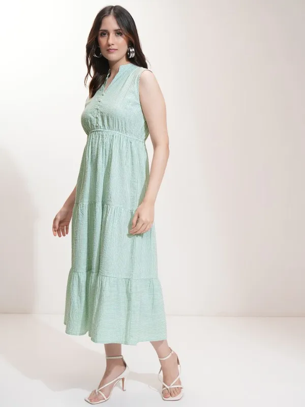 Tokyo Talkies Women Green Striped Fit And Flare Dress