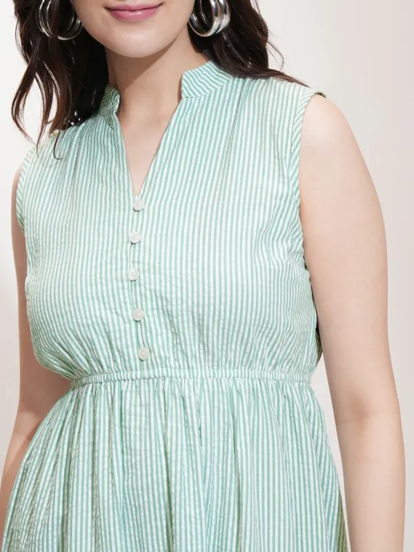Tokyo Talkies Women Green Striped Fit And Flare Dress