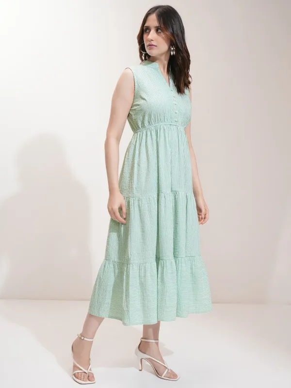 Tokyo Talkies Women Green Striped Fit And Flare Dress