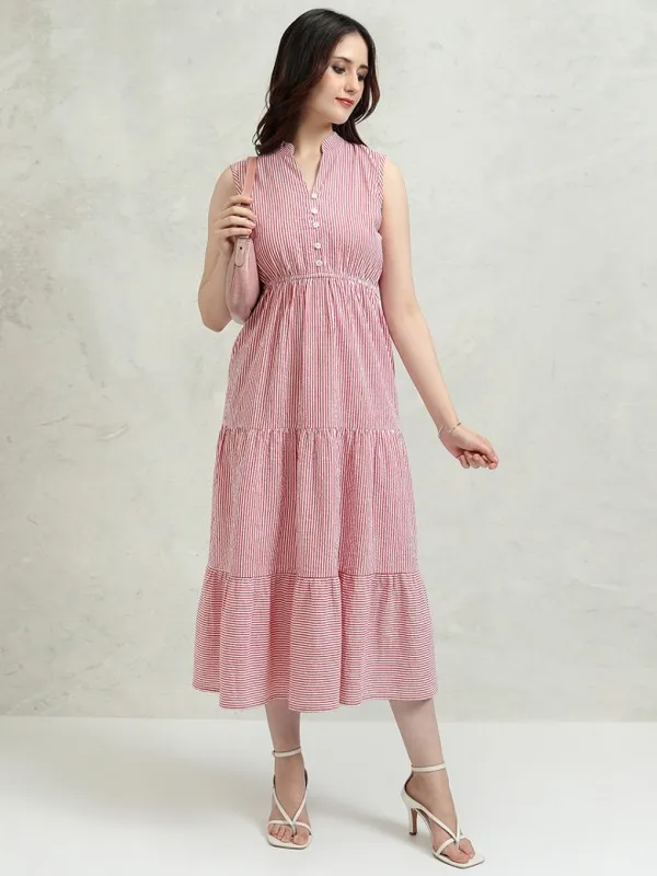 Tokyo Talkies Women Red Striped Fit And Flare Dress